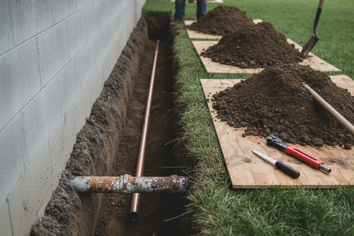 Excavated water line trench during Sewer Line Repair in Fawnskin